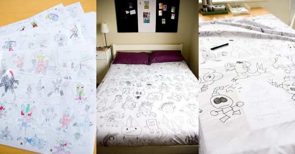 Une mère décore la couette avec les dessins de son fils