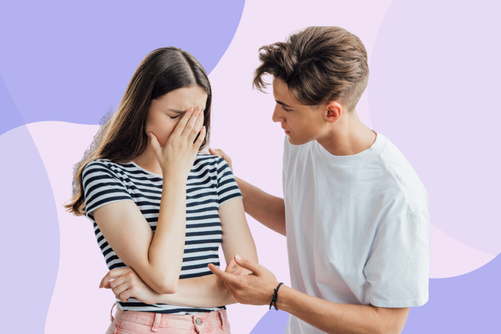 man talking to a distressed woman