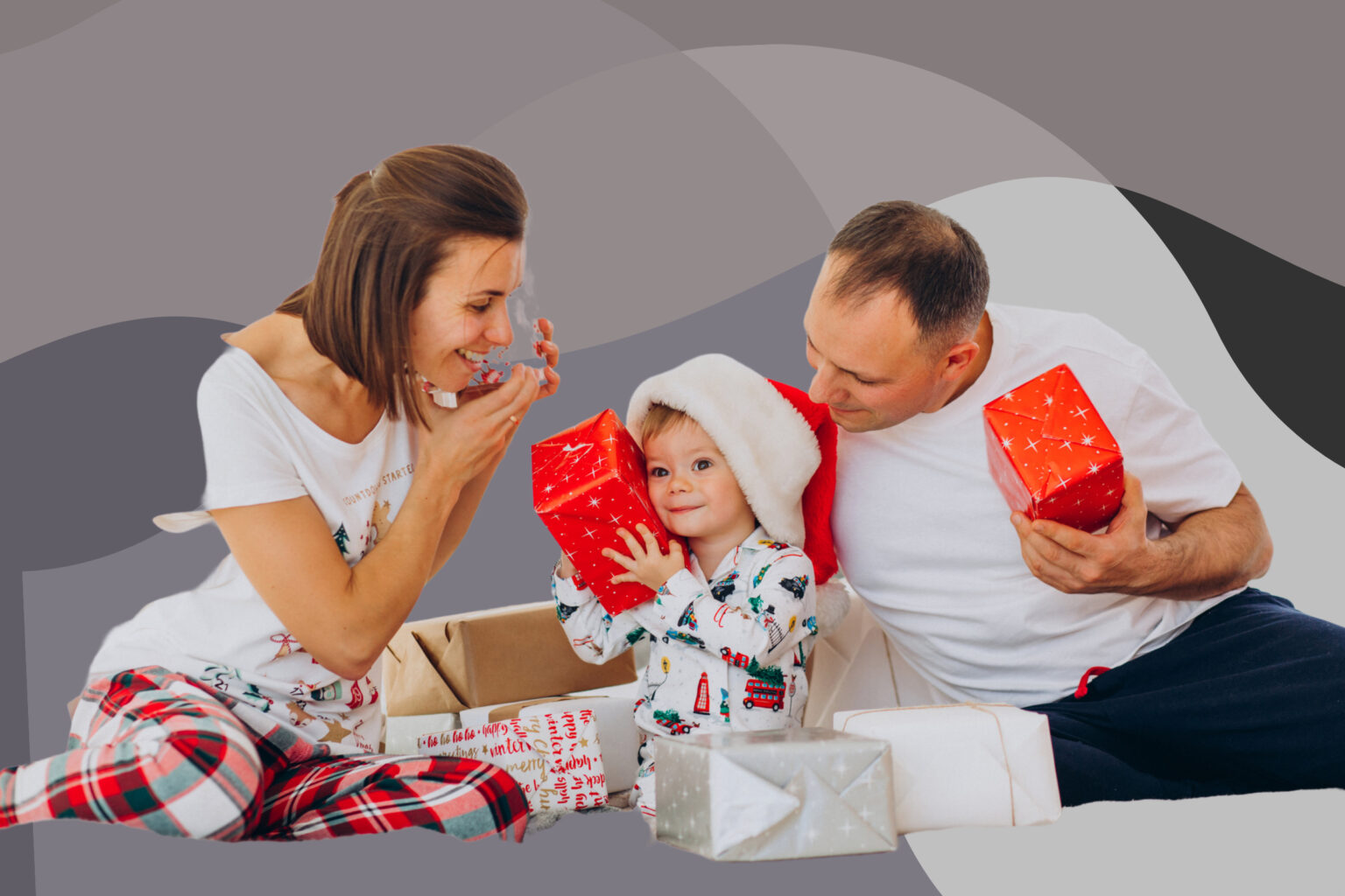 L’art d’être parent par excès : Êtes-vous coupable ? overindulgent parents and toddler surrounded by gifts