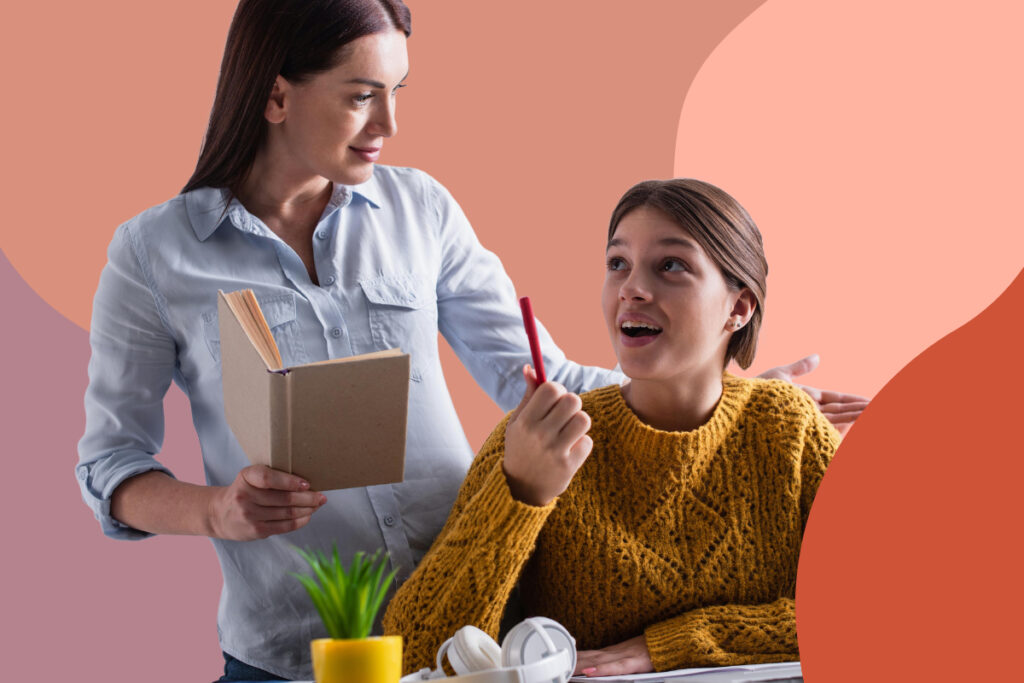 mother teaches teenage daughter homework