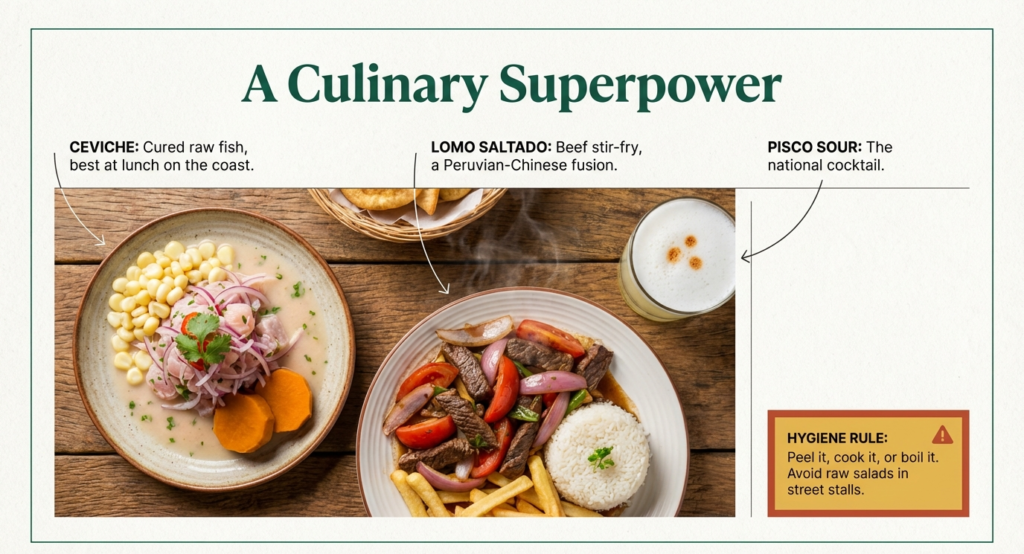 Cuisine et cuisine péruvienne Boisson : que manger, conseils de sécurité et coutumes locales en matière de restauration Cuisine et cuisine péruvienne Boisson : que manger, conseils de sécurité et coutumes locales en matière de restauration