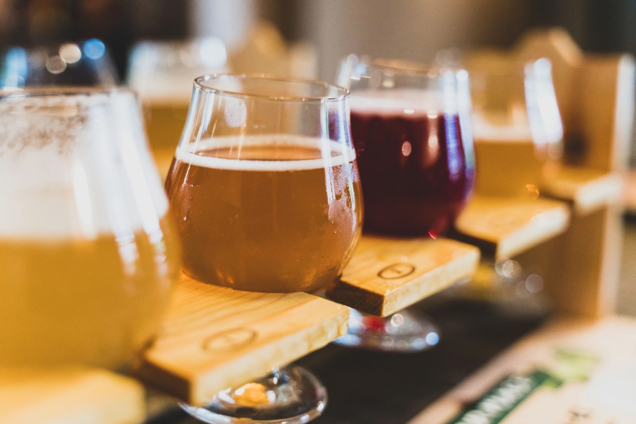   Louvain-la-Neuve, Belgique, Brasserie Le Brasse Temps. Photo horizontale. Quatre bières sur un présentoir en bois, pour une dégustation, deux blondes, une ambrée, une fruitée