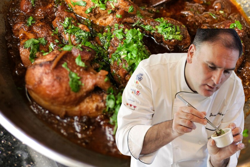 Poulet très juteux du chef José Andrés : "Je le laisse mariner toute la nuit avec du vin rouge, un peu d'ail, du céleri, de la carotte, de l'oignon et de l'échalote.